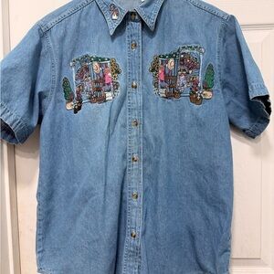Vintage Bobbie Brooks denim top with Colorful Garden Embroidered Patches size L